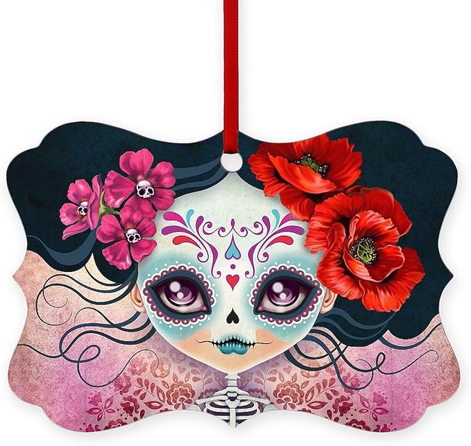CafePress Amelia Calavera Sugar Skull Scroll Holiday Ornament 4" x 2.75" - sugar skull christmas ornament