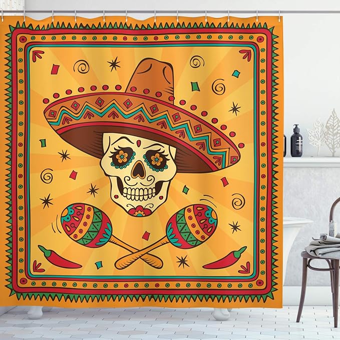Ambesonne Mexican Shower Curtain, Mexican Sugar Skull Cartoon by Cultural Carnival Design Traditional Celebration Latino Themed, Cloth Fabric Bathroom Decor Set with Hooks, 69" W x 75" L, Orange Teal - sugar skull shower curtain set