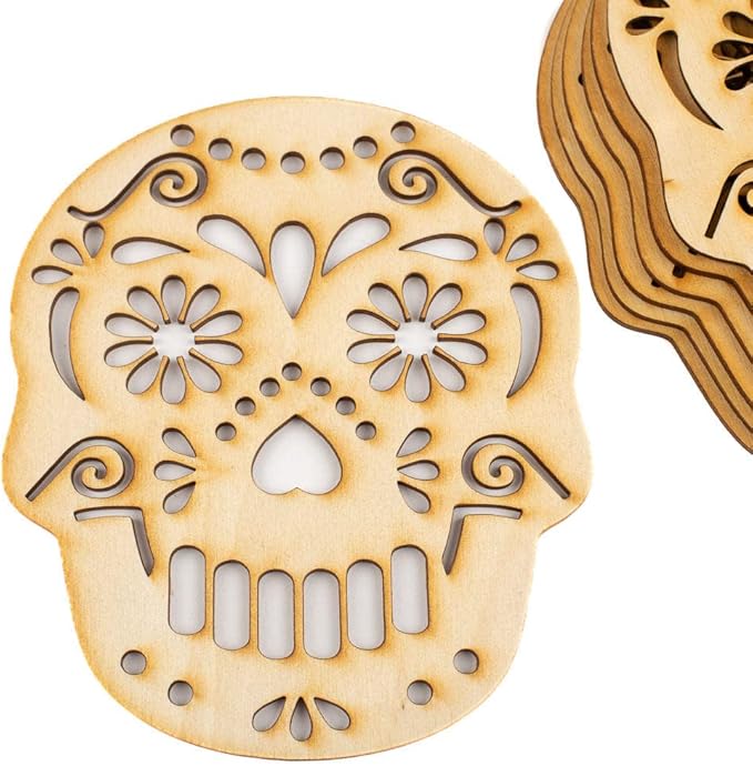 Factory Direct Craft Set of 6 Day of The Dead Sugar Skull Unfinished Wood Cutouts | Blank Skull Shapes for Dia de Los Muertos | Size: 6" x 5" - sugar skull christmas ornament