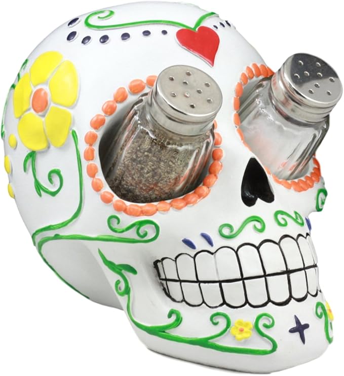 Ebros Day of The Dead Tattoo White Sugar Skull Salt And Pepper Shakers Holder Figurine Romantic Skull Kitchen Decor - sugar skull temporary tattoo