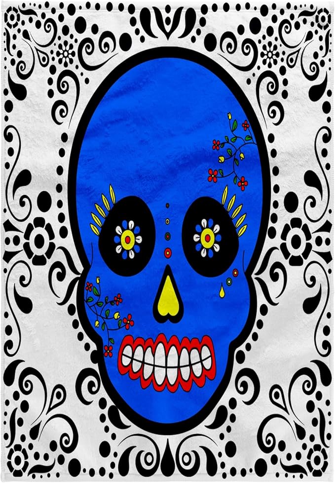 3D Rose Day of The Dead Día de Los Muertos Sugar Skull Blue White Black Scroll Design TWL_28874_1 Towel, 15" x 22" - sugar skull beach towel
