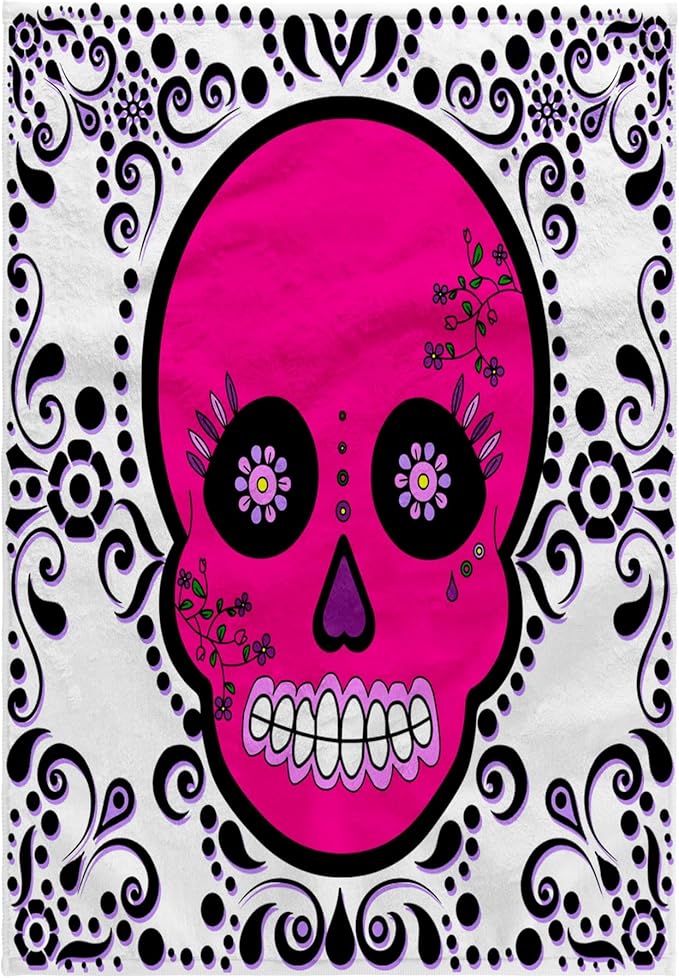 3D Rose Day of The Dead Día de Los Muertos Sugar Skull Pink White Black Scroll Design TWL_28871_1 Towel, 15" x 22" - sugar skull beach towel