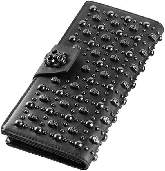Women's Black Long Skull Studded Purses Genuine Leather Card Holder Wallet - sugar skull wallets for women