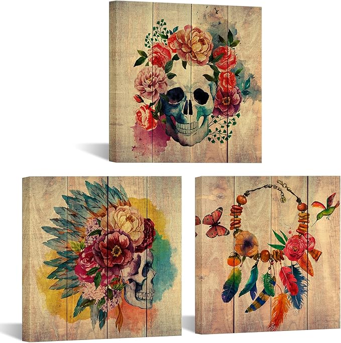 Visual Art Decor Skull Canvas Wall Art Sugar Skull Painting Wall Decor Framed Artwork Halloween Decor, 12x12inchx3Pieces - sugar skull poster print