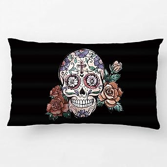 ALEX Throw Pillow Case Decorative Cushion Cover Cotton Polyester Sofa Chair Seat Rectangle Pillowcase Design With Cool Day Of The Dead Sugar Skull With Roses Custom Pillow Cover Sized 12X20 Inches - sugar skull throw pillow