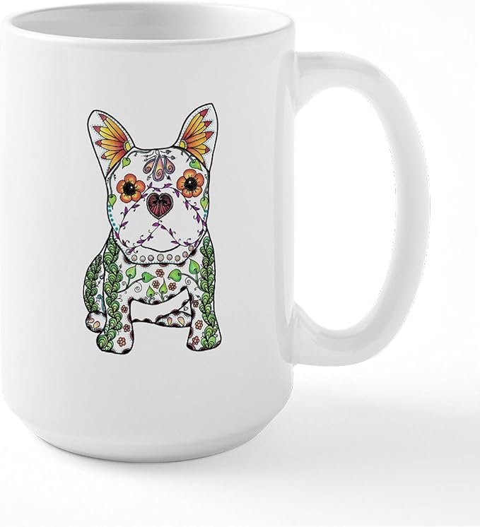 CafePress Sugar Skull Frenchie Mugs 15 oz (444 ml) Ceramic Coffee Mug - sugar skull coffee cup