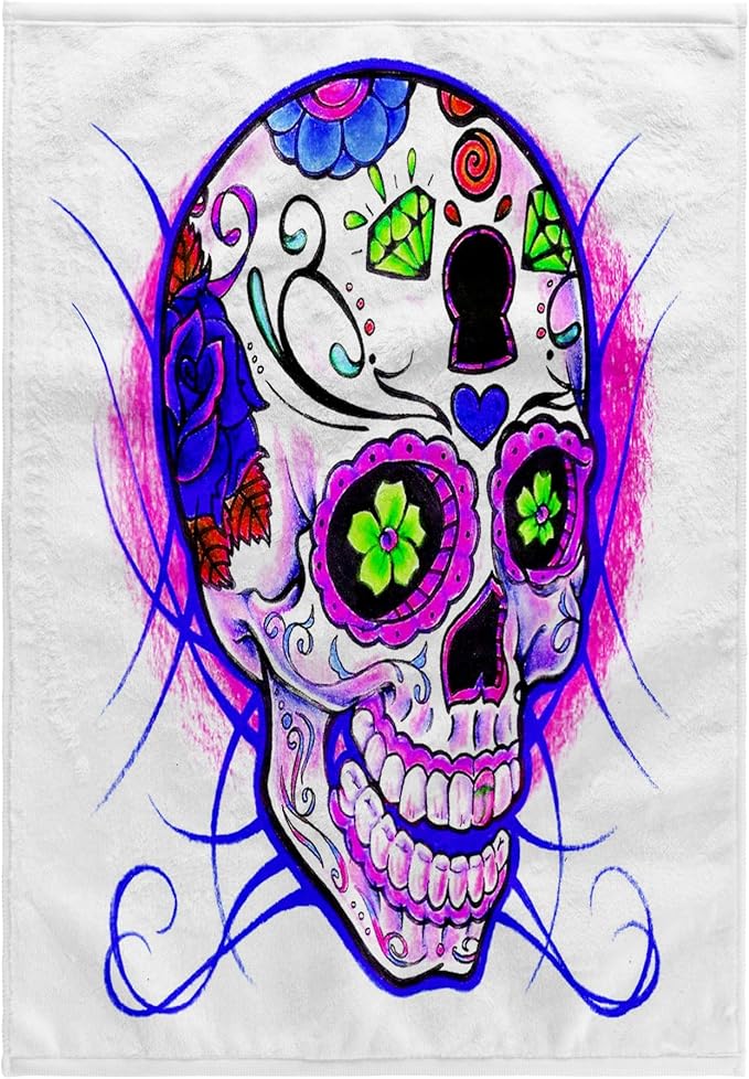 3dRose 15x22 Hand Towel - Diamond Sugar Skull. Purple. Images - sugar skull beach towel