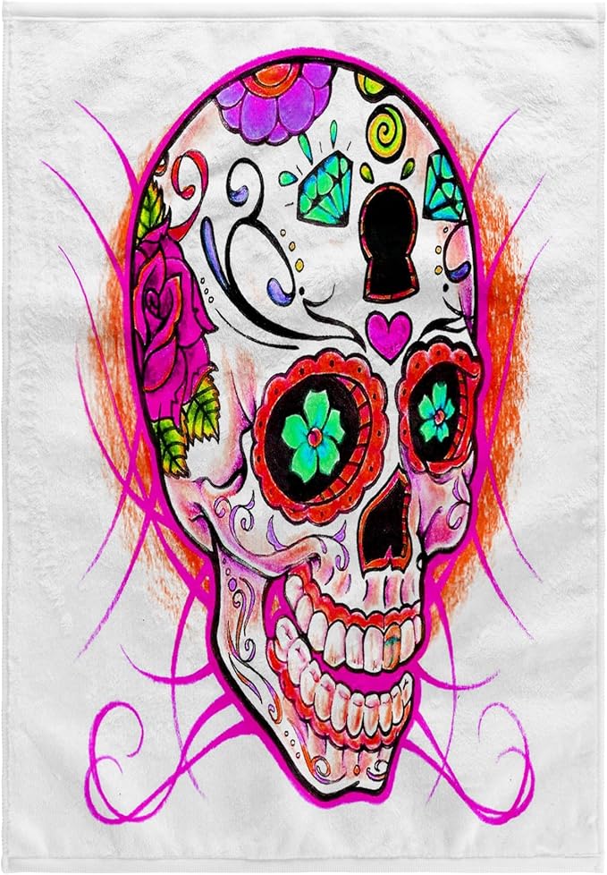 3dRose 15x22 Hand Towel - Diamond Sugar Skull. Pink. Images - sugar skull beach towel