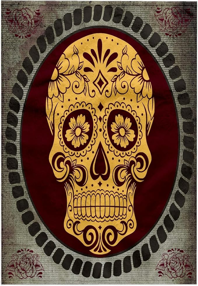 3dRose 15x22 Hand Towel - Day of The Dead. Cool Design. Yellow, Burgundy, Grey. Sugar Skull - sugar skull beach towel