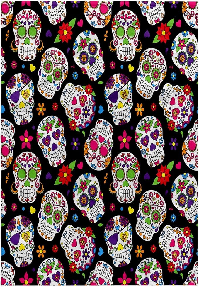 3D Rose Colorful Scattered Sugar Skulls On A Black Background Pattern Hand Towel, 15" x 22" - sugar skull beach towel