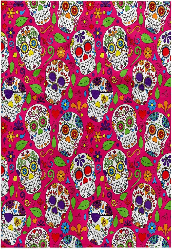 3D Rose Colorful Tossed Sugar Skulls On A Pink Background Pattern Hand Towel, 15" x 22", Multicolor - sugar skull beach towel