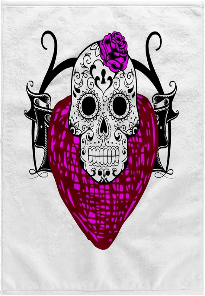 3D Rose Sugar Skull Day of The Dead Purple Heart TWL_212701_1 Towel, 15" x 22", Multicolor - sugar skull beach towel
