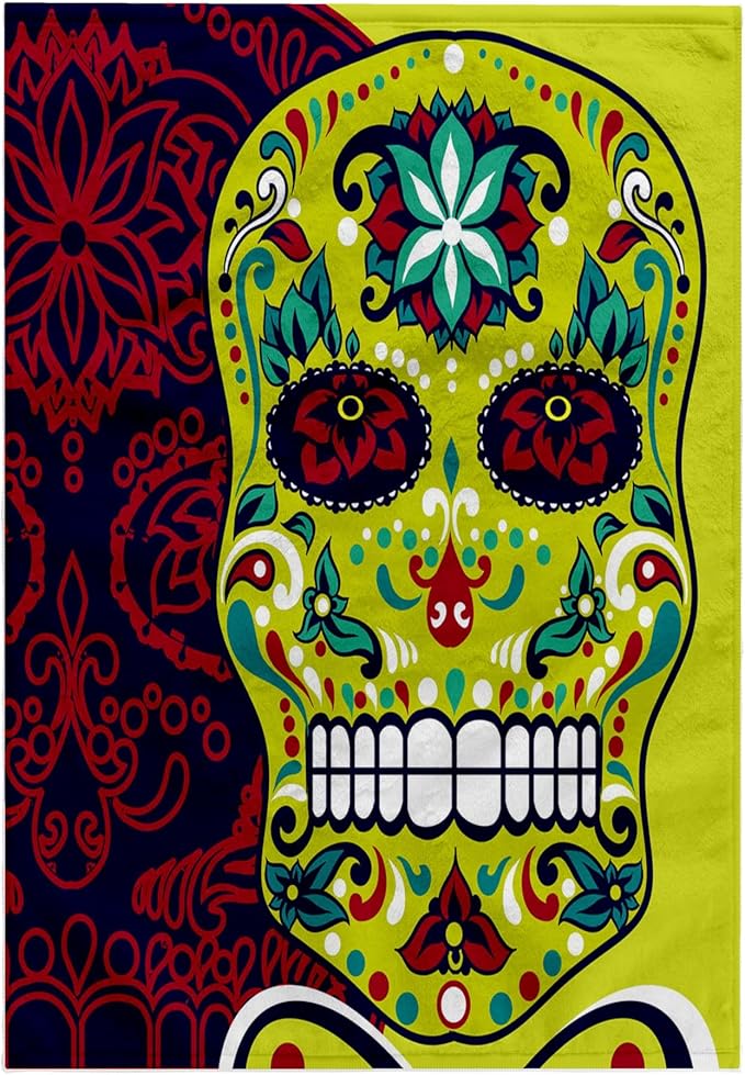3dRose 15x22 Hand Towel - Green Sugar Skull with Purple Reflection Sugar Skulls - sugar skull beach towel