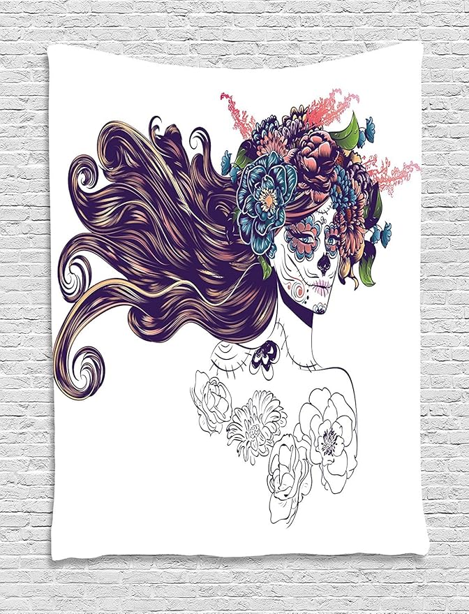 Ambesonne Ethnic Tapestry, Traditional Sugar Skull Girl with Flower Wreath Mourning Festival Day, Wall Hanging for Bedroom Living Room Dorm Decor, 40" X 60", Multicolor - sugar skull wreath for front door