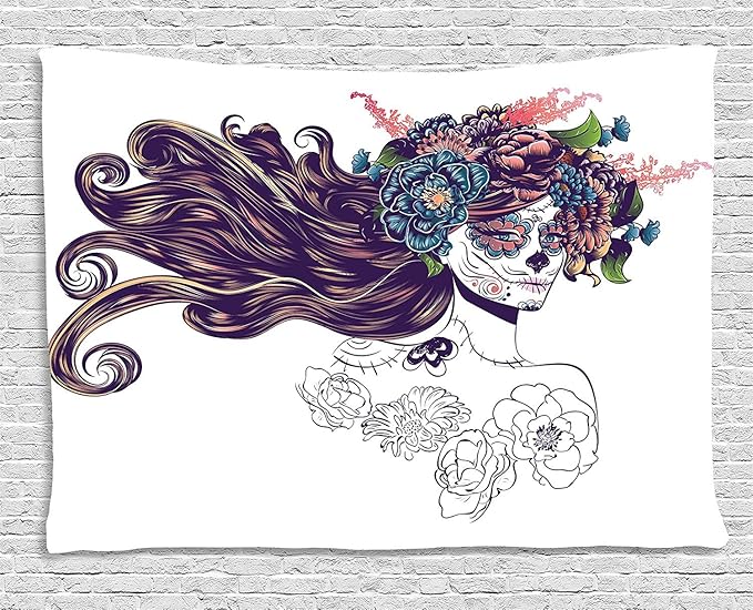 Ambesonne Ethnic Tapestry, Traditional Sugar Skull Girl with Flower Wreath Mourning Festival Day, Wide Wall Hanging for Bedroom Living Room Dorm, 60" X 40", Multicolor - sugar skull wreath for front door
