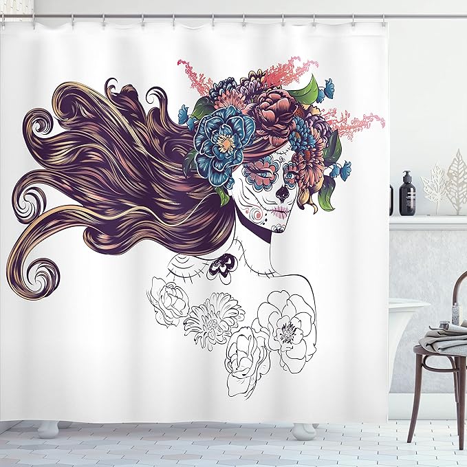 Ambesonne Ethnic Shower Curtain, Traditional Sugar Skull Girl with Flower Wreath Mourning Festival Day, Cloth Fabric Bathroom Decor Set with Hooks, 69" W x 70" L, Purple Green - sugar skull wreath for front door