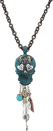 Charm Dangling Sugar Skull Pendant Day of the Dead Long Necklace 30 inch - sugar skull plates set