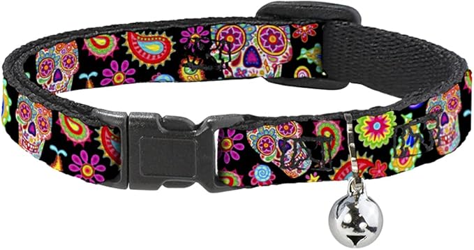 Cat Collar Breakaway Bobo Sugar Skull Paisley Black Multi Color 8 to 12 Inches 0.5 Inch Wide - sugar skull wallets for women
