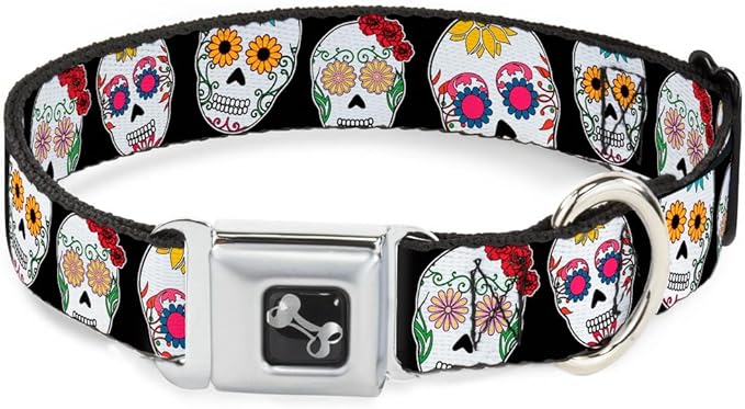 Buckle-Down Dog Collar Seatbelt Buckle Staggered Sugar Skulls Close Up Black Multi Color 18 to 32 Inches 1.5 Inch Wide, Multicolor, Large (DC-W37103-WL) - sugar skull throw pillow