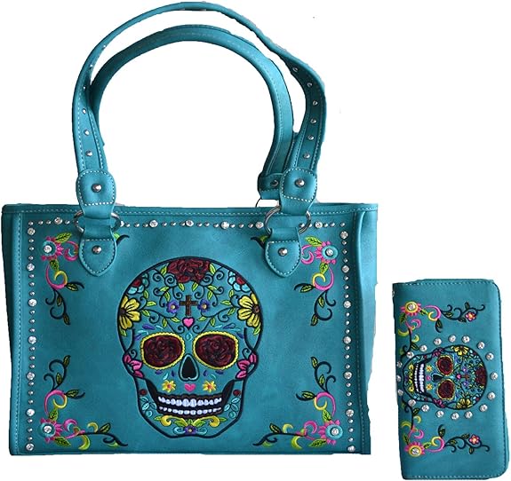 sugar skull day of the dead embroidery gun concealed carry handbag purse set (blue) - sugar skull handbags for sale