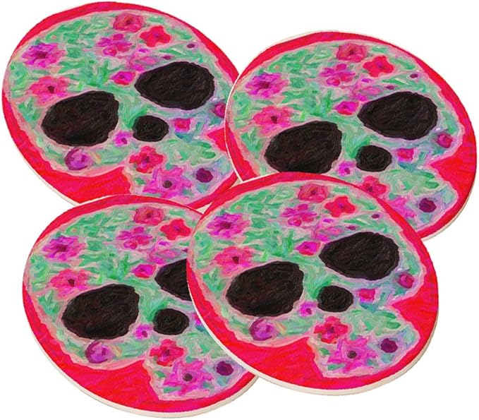 Sugar Skull Painting - Round Sandstone Drink Coaster (set of 4) by Elements of Space™ - sugar skull coasters set