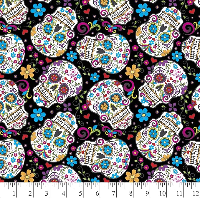 Sugar Skulls Folkloric Black Cotton Fabric by The Yard - sugar skull area rug