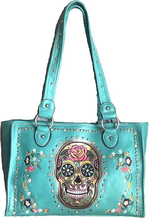 sugar skull day of the dead embroidery gun concealed carry handbag purse (blue) - sugar skull handbags for sale