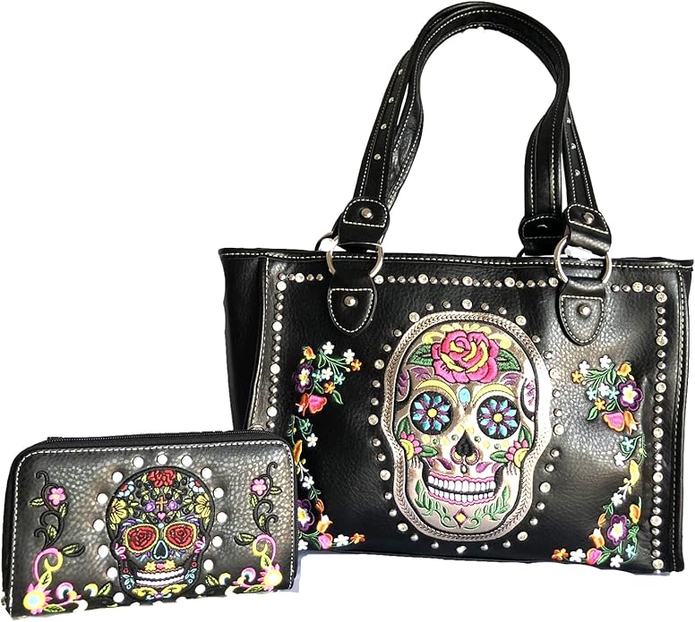 sugar skull day of the dead embroidery gun concealed carry handbag purse set (black) - sugar skull handbags for sale