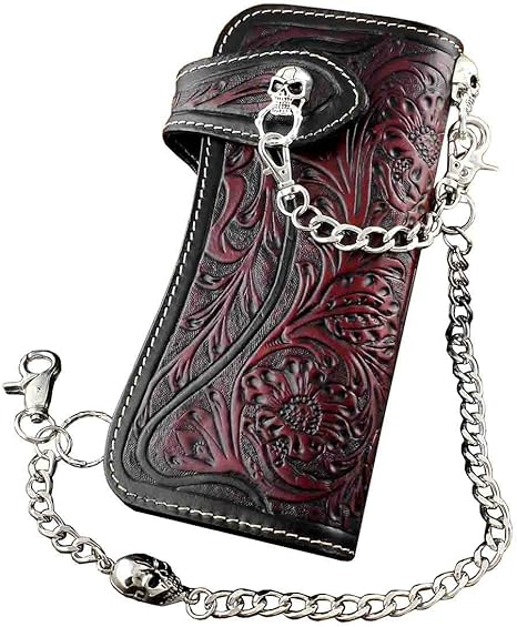 Skull Chain Wallet Long Leather Craft Bag With Metal Chain For Mens L69 - sugar skull wallets for women