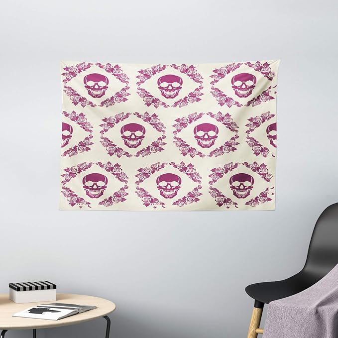 Ambesonne Sugar Skull Tapestry, Monochrome Style Calavera Inspired Surround by Circular Floral Wreath Print, Wide Wall Hanging for Bedroom Living Room Dorm, 60" X 40", Fuchsia Cream - sugar skull wreath for front door
