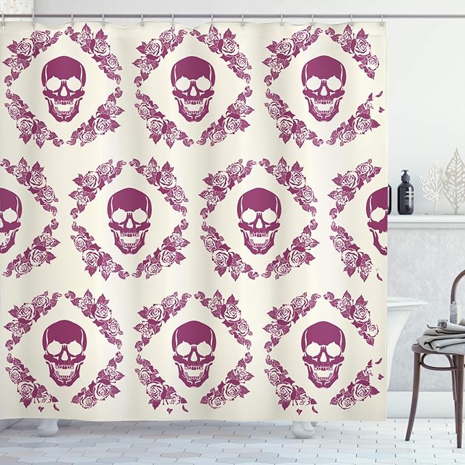 Ambesonne Sugar Skull Shower Curtain, Monochrome Style Calavera Inspired Surround by Circular Floral Wreath Print, Cloth Fabric Bathroom Decor Set with Hooks, 69" W x 75" L, Fuchsia Cream - sugar skull wreath for front door