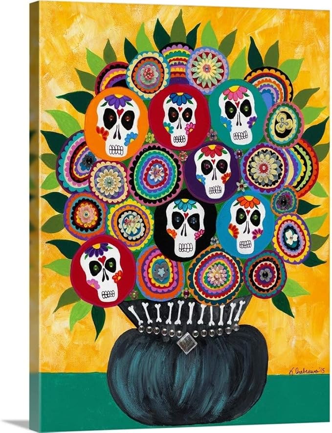 CANVAS ON DEMAND Sugar Skull Bouquet Canvas Wall Art Print by Kerri Ambrosino, Contemporary, Home Decor, Floral Artwork, Flowers Artwork, 12" x16in - sugar skull canvas wall art