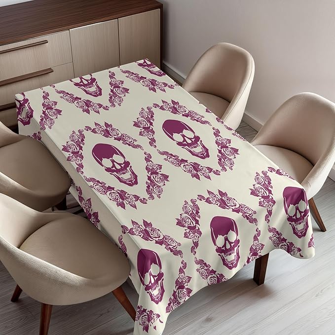 Ambesonne Sugar Skull Tablecloth, Monochrome Style Calavera Inspired Surround by Circular Floral Wreath Print, Dining Room Kitchen Rectangular Table Cover, 52" X 70", Fuchsia Cream - sugar skull wreath for front door