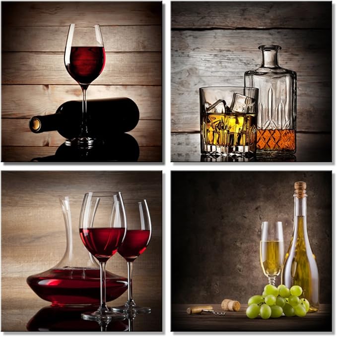 Wieco Art Red Wine Cups Modern Kitchen Wall Art Dinning Room Wall Decor 4 Panels Abstract Canvas Prints Artwork Contemporary Vintage Pictures Paintings on Canvas Wall Art for Kitchen Home - sugar skull canvas wall art