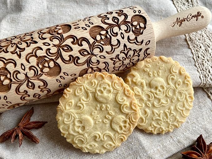 SKULL WREATH Embossing Rolling Pin with SKULLS, Spooky, Death's-head, Halloween Sugar. Laser Engraved Dough Roller for Embossing Homemade Halloween Cookies by Algis Crafts - sugar skull wreath for front door