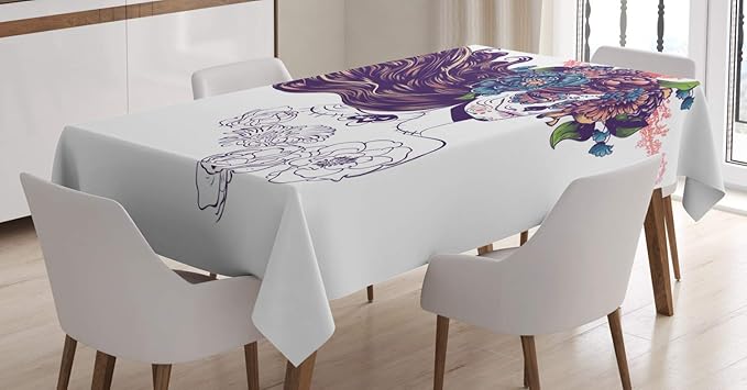 Ambesonne Ethnic Tablecloth, Traditional Sugar Skull Girl with Flower Wreath Mourning Festival Day, Rectangular Table Cover for Dining Room Kitchen Decor, 60" X 84", Multicolor - sugar skull wreath for front door