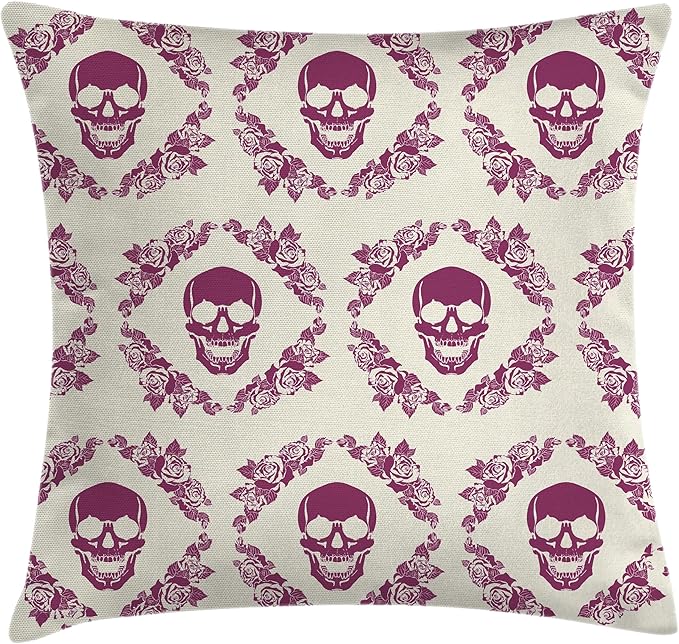 Ambesonne Sugar Skull Throw Pillow Cushion Cover, Monochrome Style Calavera Inspired Surround by Circular Floral Wreath Print, Decorative Square Accent Pillow Case, 24" X 24", Fuchsia Cream - sugar skull wreath for front door