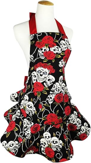 Lovely Black Retro Floral Skull Aprons Cotton Canvas Cooking Salon Pinafore Apron Dress Halloween - sugar skull apron for women