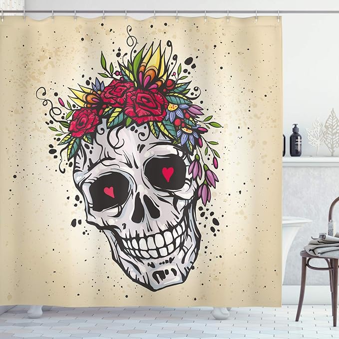 Ambesonne Sugar Skull Shower Curtain, Human Skull with Wreath of Roses and Wild Flowers Hearts in Boho Form Design, Cloth Fabric Bathroom Decor Set with Hooks, 69" W x 75" L, Multicolor - sugar skull wreath for front door