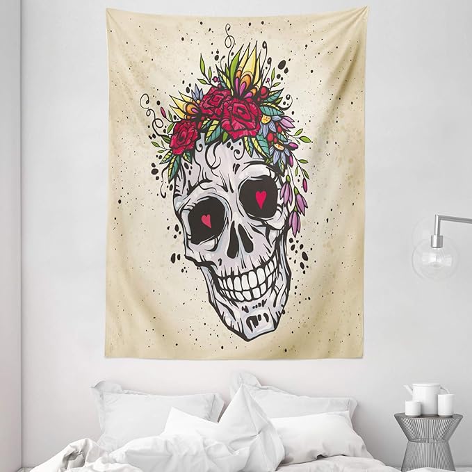Ambesonne Sugar Skull Tapestry, Human Skull with Wreath of Roses and Wild Flowers Hearts in Boho Form Design, Wall Hanging for Bedroom Living Room Dorm Decor, 60" X 80", Multicolor - sugar skull wreath for front door