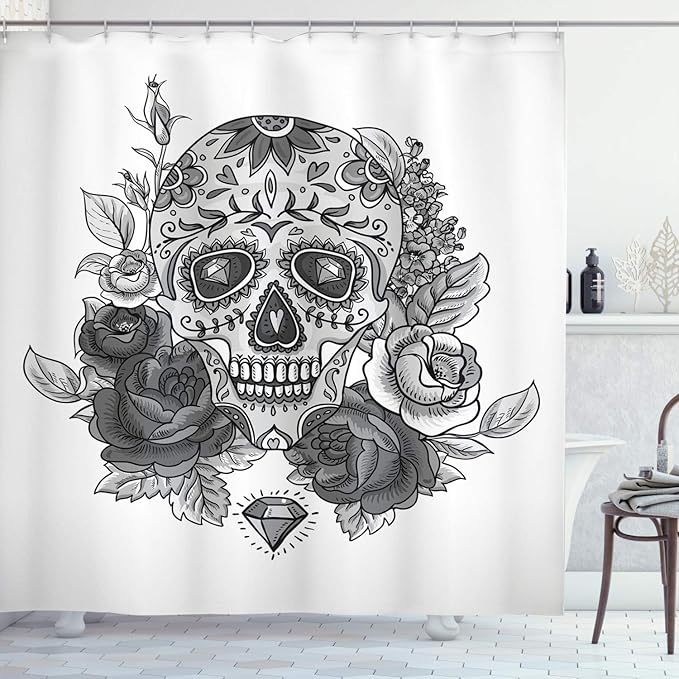 Ambesonne Sugar Skull Shower Curtain, Monochrome Skull with Roses Leaves and Diamond Shape Folklore Festival Print, Cloth Fabric Bathroom Decor Set with Hooks, 69" W x 70" L, Monochrome - sugar skull shower curtain set