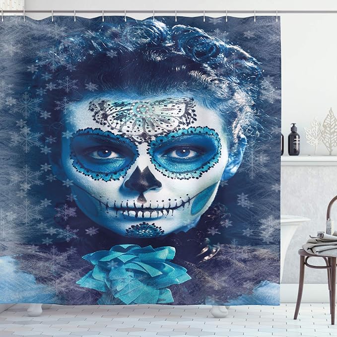 Ambesonne Sugar Skull Shower Curtain, Santa Muerte Concept Winter Season Ice Cold Snowflakes Frozen Dead Folkloric, Cloth Fabric Bathroom Decor Set with Hooks, 69" W x 75" L, Pale Blue - sugar skull shower curtain set
