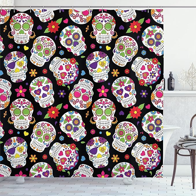 Ambesonne Sugar Skull Shower Curtain, Graveyard Mexico Design on Black Backdrop Print, Cloth Fabric Bathroom Decor Set with Hooks, 69" W x 70" L, Black Green - sugar skull shower curtain set