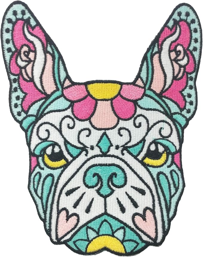 French Bulldog Pink Teal Sugar Skull Tattoo Sew On Embroidered Patch - sugar skull temporary tattoo