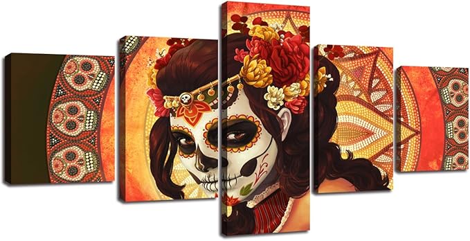 Day of the Dead Sugar Skull Girl's Face Wall Art All Saints Day Halloween Mexican Skull Artwork Framed Ready to Hang-50x24 inches - sugar skull canvas wall art