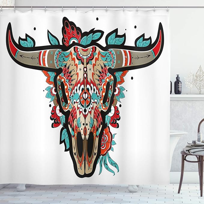 Ambesonne Western Shower Curtain, Buffalo Sugar Mexican Skull Colorful Ornate Design Horned Animal Trophy, Cloth Fabric Bathroom Decor Set with Hooks, 69" W x 84" L, Turquoise Orange - sugar skull shower curtain set