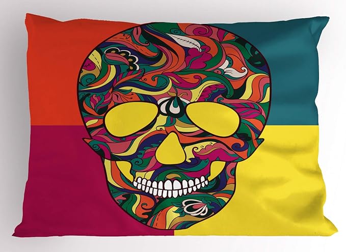 Ambesonne Sugar Skull Pillow Sham, Colorful Calavera Themed Artwork Catrina Day of The Dead Mexican Culture Theme, Decorative Standard Queen Size Printed Pillowcase, 30" X 20", Multicolor - sugar skull throw pillow