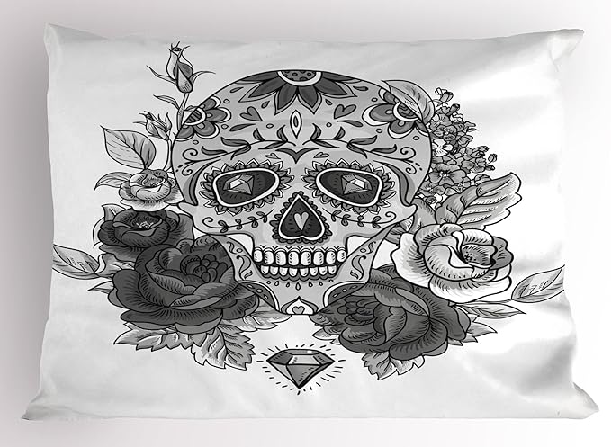 Ambesonne Sugar Skull Pillow Sham, Monochrome Skull with Roses Leaves and Diamond Shape Folklore Festival Print, Decorative Standard Queen Size Printed Pillowcase, 30" X 20", Grey White - sugar skull throw pillow