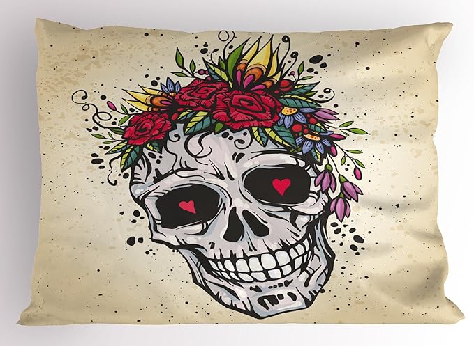 Ambesonne Sugar Skull Pillow Sham, Human Skull with Wreath of Roses and Wild Flowers Hearts in Boho Form Design, Decorative Standard Size Printed Pillowcase, 26" X 20", Multicolor - sugar skull wreath for front door