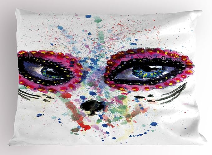 Ambesonne Sugar Skull Pillow Sham, Spooky Big Eyes Cat Face Girl Portrait Ceremonial Celebration Print, Decorative Standard Queen Size Printed Pillowcase, 30" X 20", Multicolor - sugar skull throw pillow
